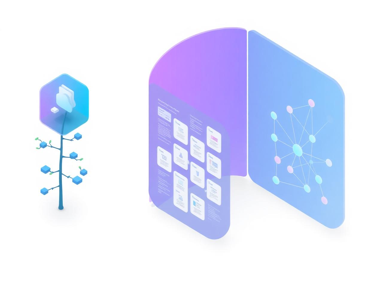 Three views of a document library: tree, grid and graph